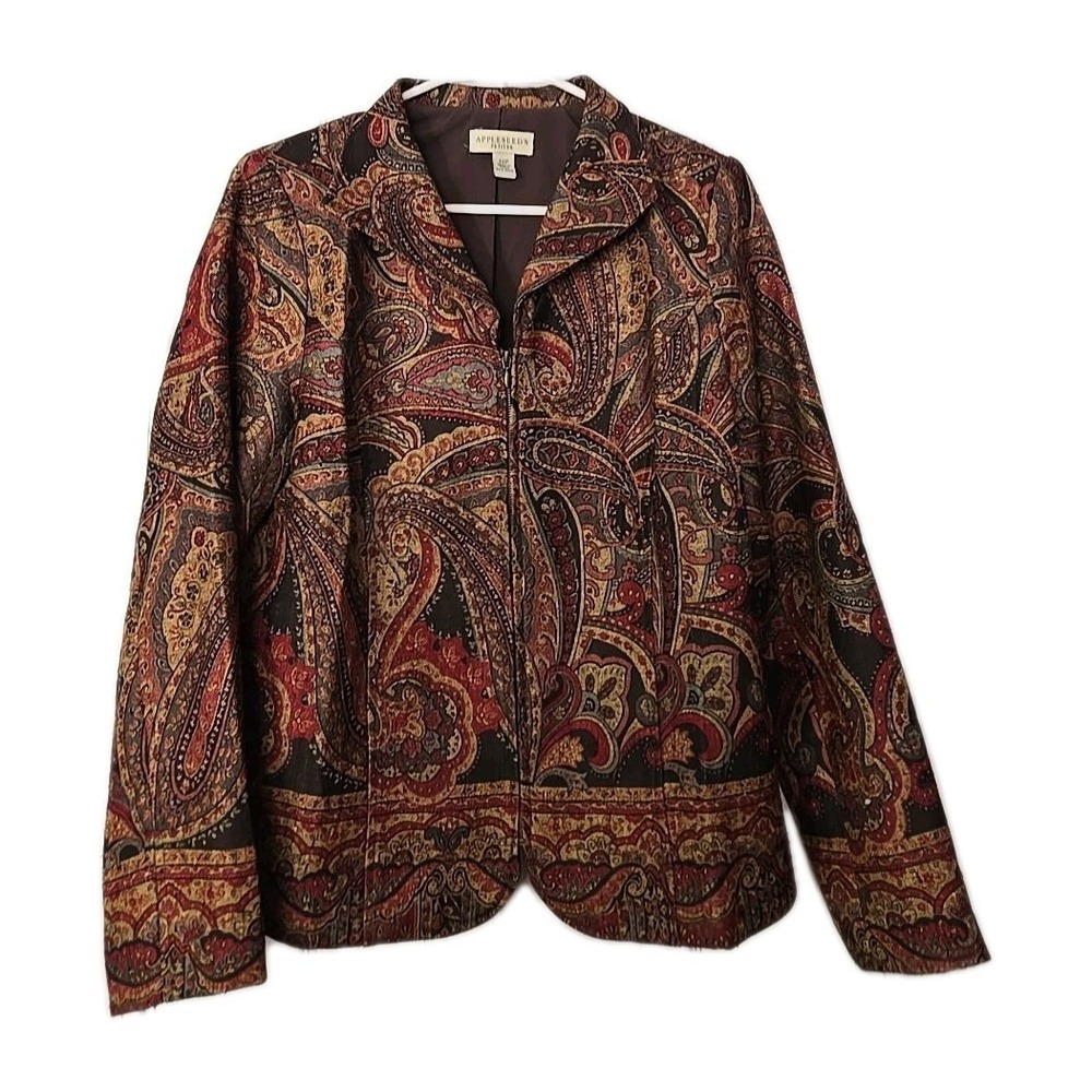 Appleseed's Petites Womans Size 12P Paisley Blazer Brown & Gold Zipup‎